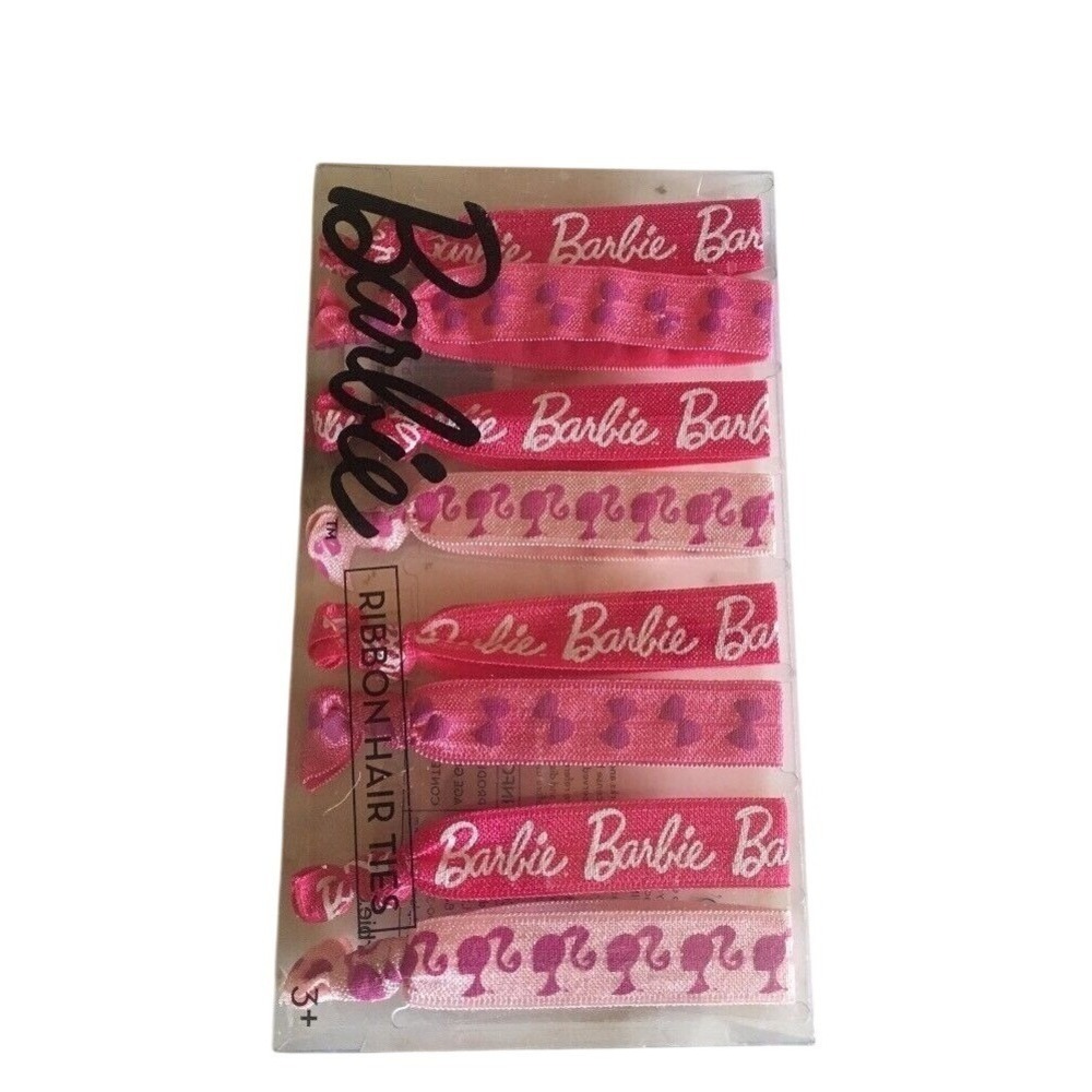 Barbie Ribbon Hair Ties Pink 8 Pack Logo Silhouette Bow Patterns‎ Mattel 2013